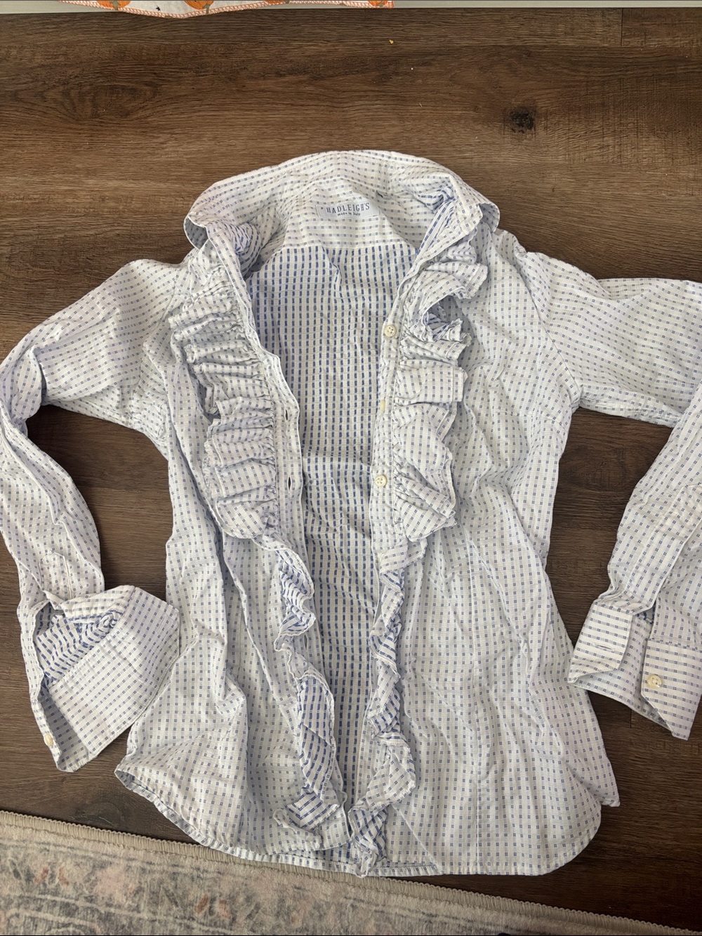 Ruffle-Trim Button-Down Shirt in White & Light Blue Stripe
